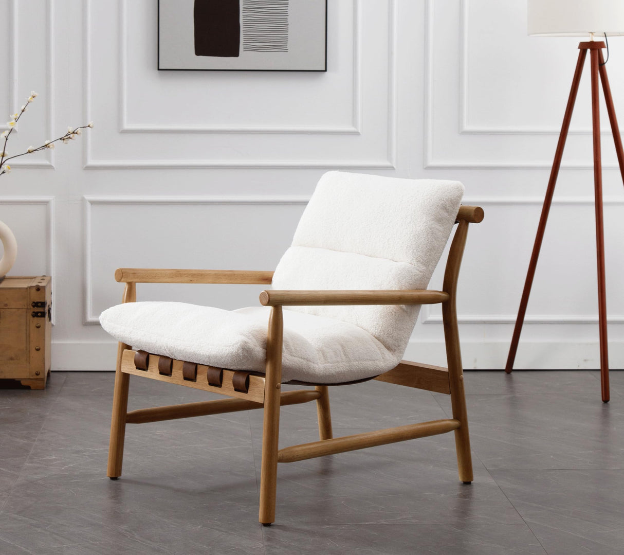 DM Furniture White Sherpa Accent Chair Set of 2 Mid Century Modern Living Room Chairs Comfy Arm Chair with Solid Wood Frame Upholstered Lounge Reading Chair Cozy Recliner for Bedroom/Guest Room DM Furniture