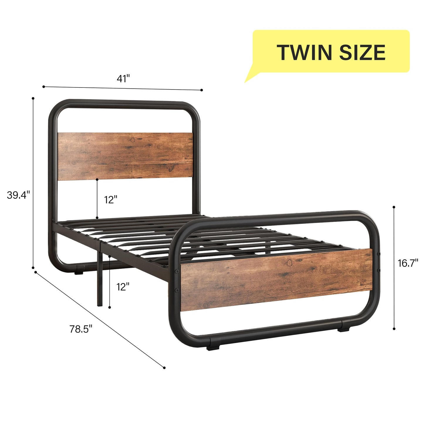 Twin Bed Frame with Headboard LED Bed Frame Twin Size Bed Frame Heavy Duty Metal Rustic Bed Frame Twin Wood Platform Bed Frame Under Bed Storage Noise Free No Box Spring Needed (Twin, Rustic Brown)