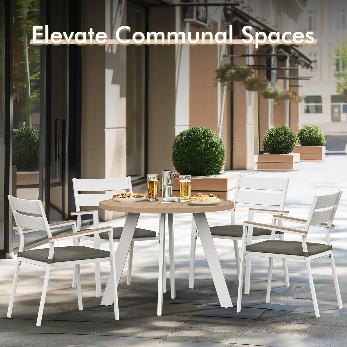 JOIVI 5 Piece Outdoor Dining Set, Aluminum Patio Furniture Dining Table and Stackable Chairs Set for 4 People, Wood Grain Tabletop with 2.05” Umbrella Hole, for Deck, Backyard, Gray Cushions JOIVI