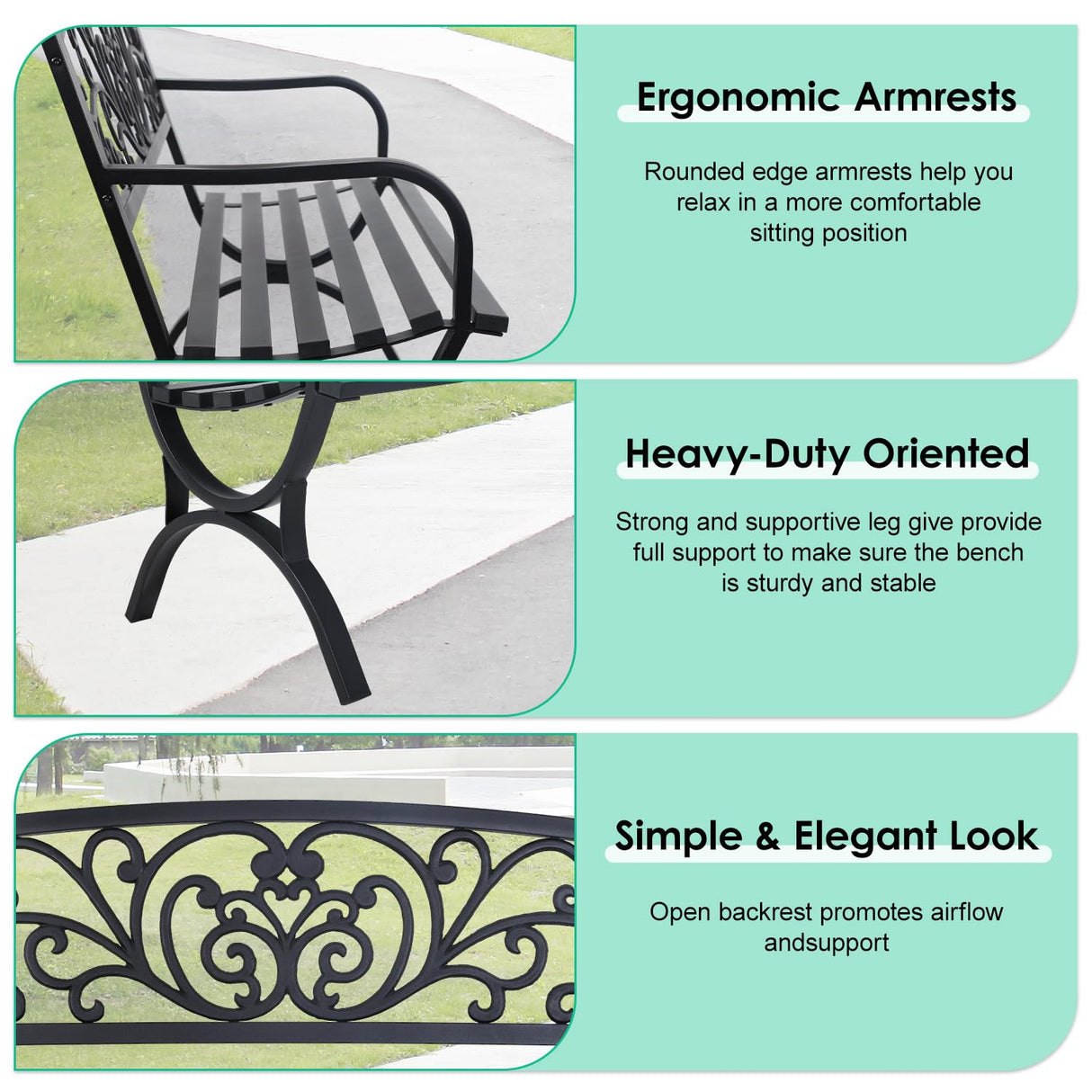 FDW Outdoor 50 Inches Garden Bench, Slatted Seat Armrests Floral Design Backres and Arch Legs, Perfect for Park, Yard, Porch, Lawn, Balcony, Backyard, Black FDW