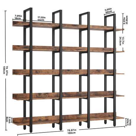 IRONCK Bookcase and Bookshelves Triple Wide 5 Tiers Large Open Shelves, Etagere Bookcases with Back Fence for Home Office Decor, Easy Assembly, Vintage Brown IRONCK