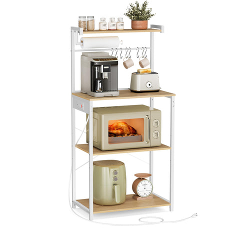 VASAGLE Kitchen Bakers Rack with Power Outlet, Coffee Bar 4-Tier with 8 S Hooks, Microwave Stand, Adjustable Shelf, for Small Spaces, Golden Oak and Cloud White UKKS014Y01V1 VASAGLE