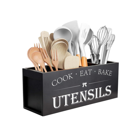 Suli Extra Large Kitchen Utensils Holder with 4 Compartments, Wooden Utensil Organizer for Kitchen Countertop, Farmhouse Kitchen Decor, Rustic Cooking Utensil - Black Suli