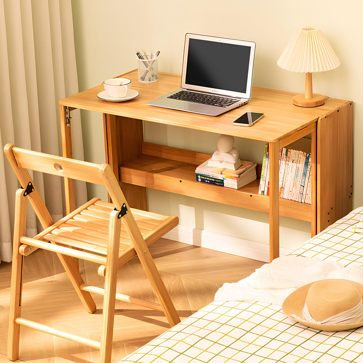 Bamboo Folding Desk Mid Century Modern Desk for Home Office Bedroom Small Spaces，Natural Dezyfurni