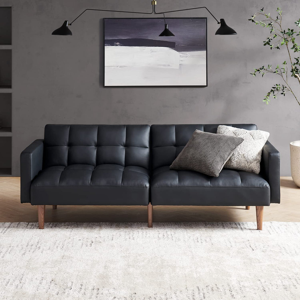 mopio Aaron 76.8" Couch, Small Futon Sofa Bed, Sleeper, Loveseat, Mid Century Modern Futon Couch, Sofa Cama, Couches for Living Room, Bedroom (Midnight Black, Faux Leather) mopio