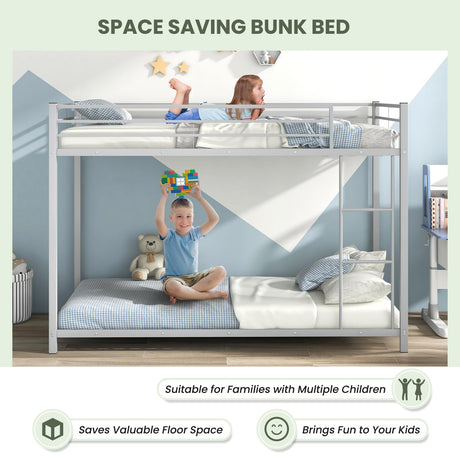 KOMFOTT Metal Low Bunk Bed Twin Over Twin, Heavy Duty Bunk Bed Frame with Ladder & Full-Length Guardrails, Metal Slatted Floor Bed Frame for Teens & Adults, No Box Spring Needed KOMFOTT