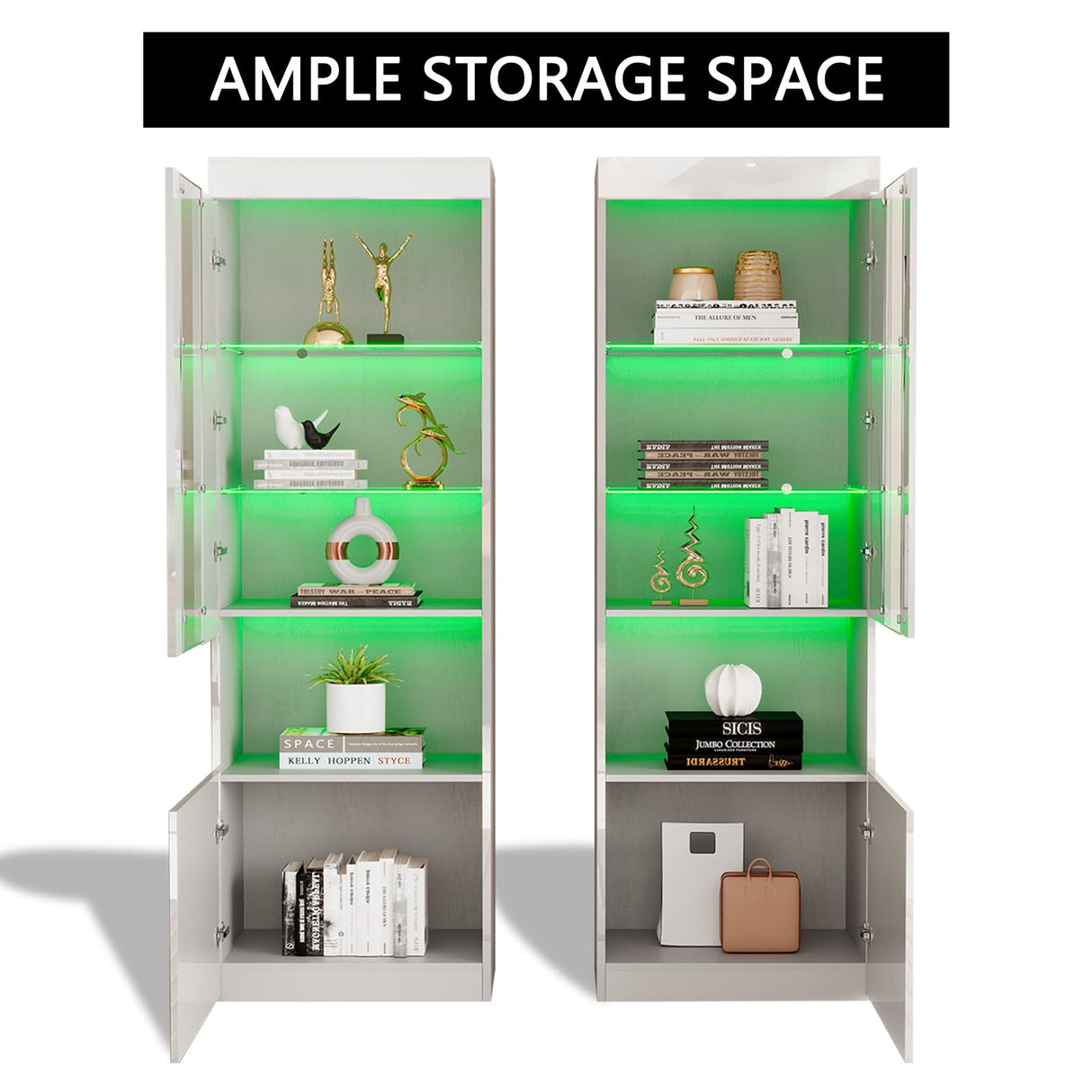 AMERLIFE Modern 71in Tall LED Bookcase Storage Cabinet with Glass Doors - Set of 2 in White AMERLIFE