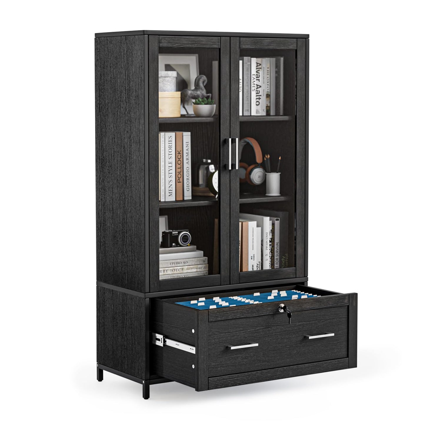 VINGLI Black Lateral File Cabinet with Glass Doors and Locking Drawer for Home Office Storage - WoodArtSupply