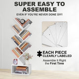 LUSHZLUMBERA Tree Bookshelf - 6 Shelf Retro Floor Standing Bookcase, Tall Wood Book Storage Rack for CDs/Movies/Books, Utility Book Organizer Shelves for Bedroom, Living Room, Home Office, White LUSHZLUMBERA