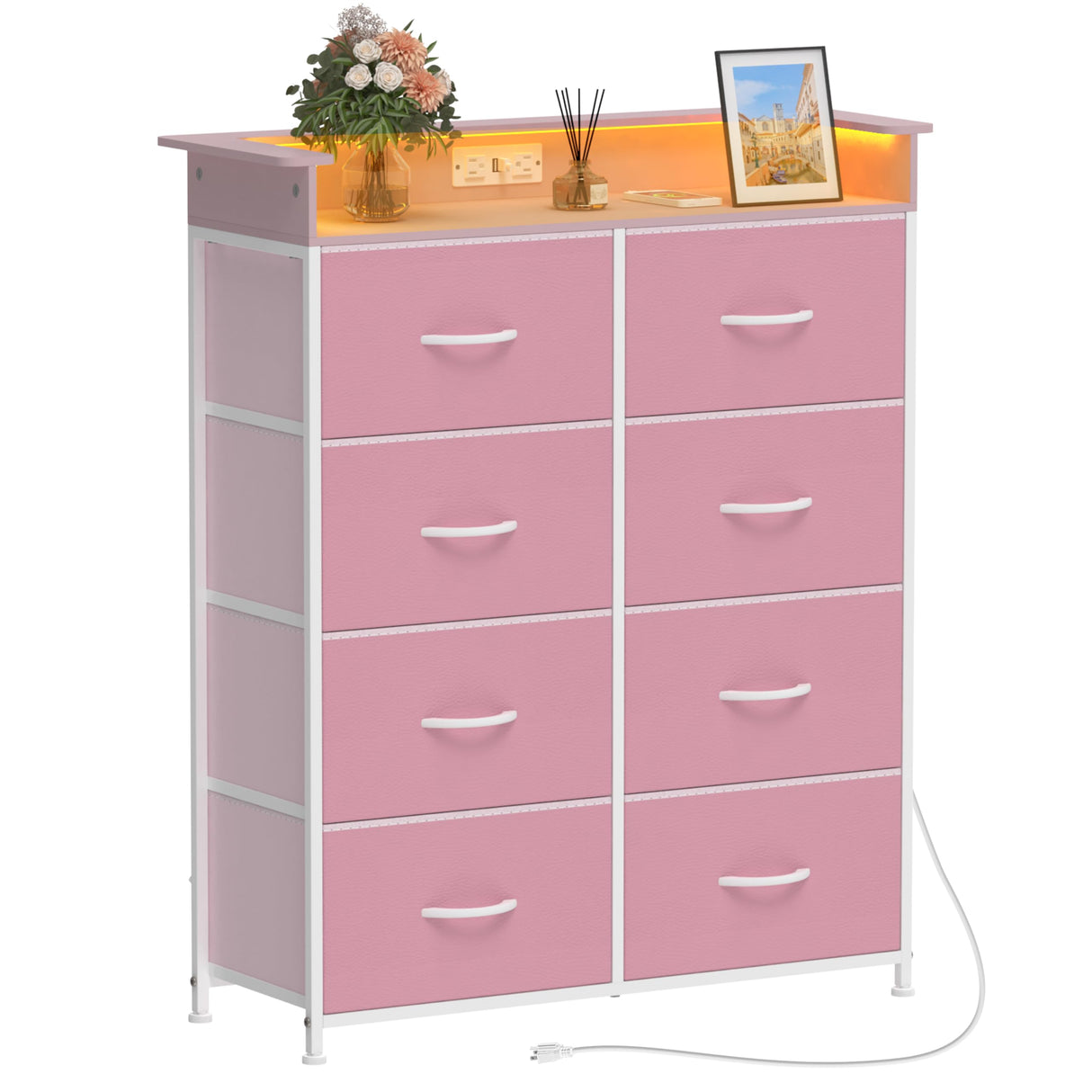 Welfuturer Pink Dresser for Bedroom with Charing Station Dressers with LED Lights Tall Dresser with 8 Drawers Storage Tower for Closet Living Room Hallway Entryway Sturdy Steel Frame Wood Top Welfuturer