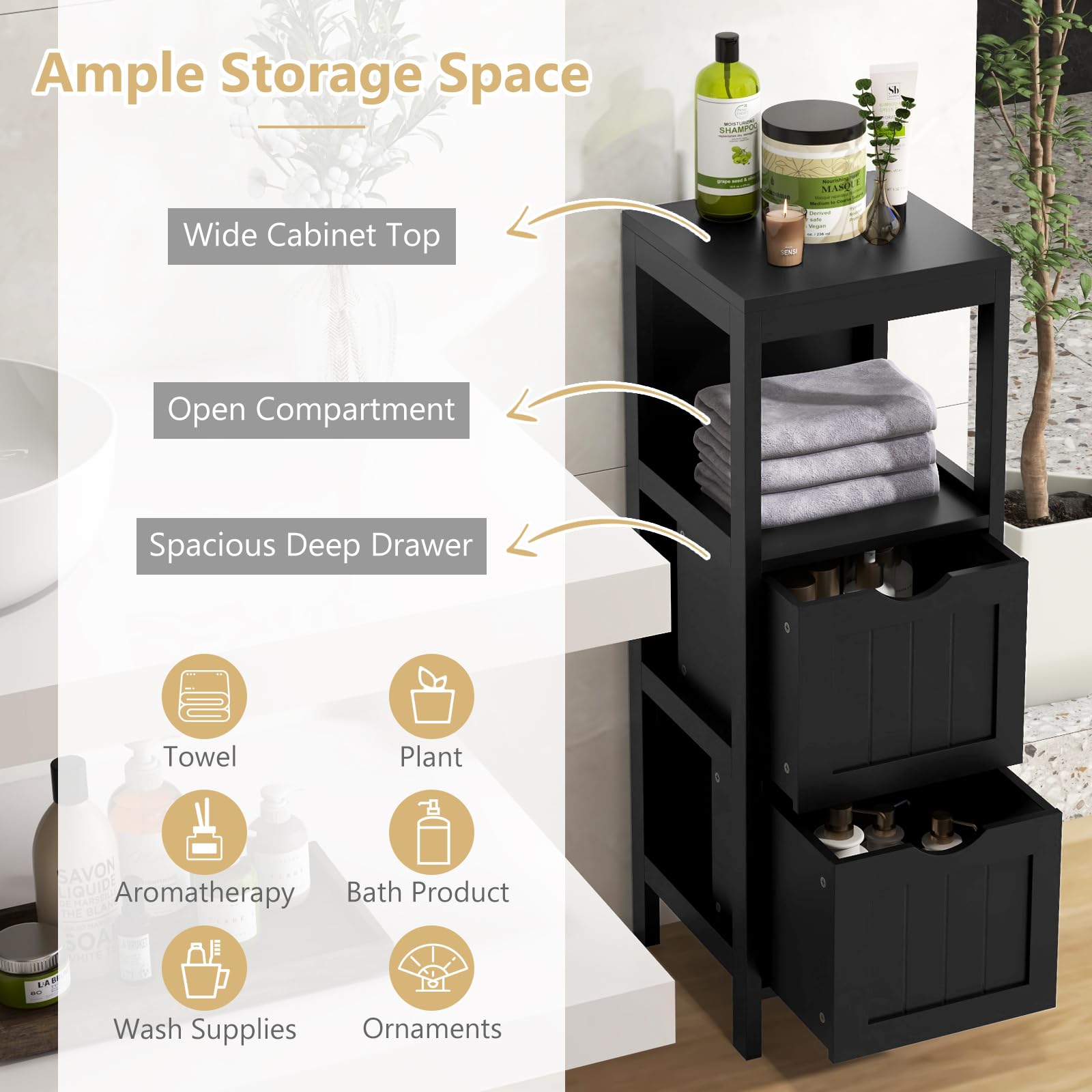 Tangkula Black Small Bathroom Storage Cabinet with 2 Removable Drawers - WoodArtSupply