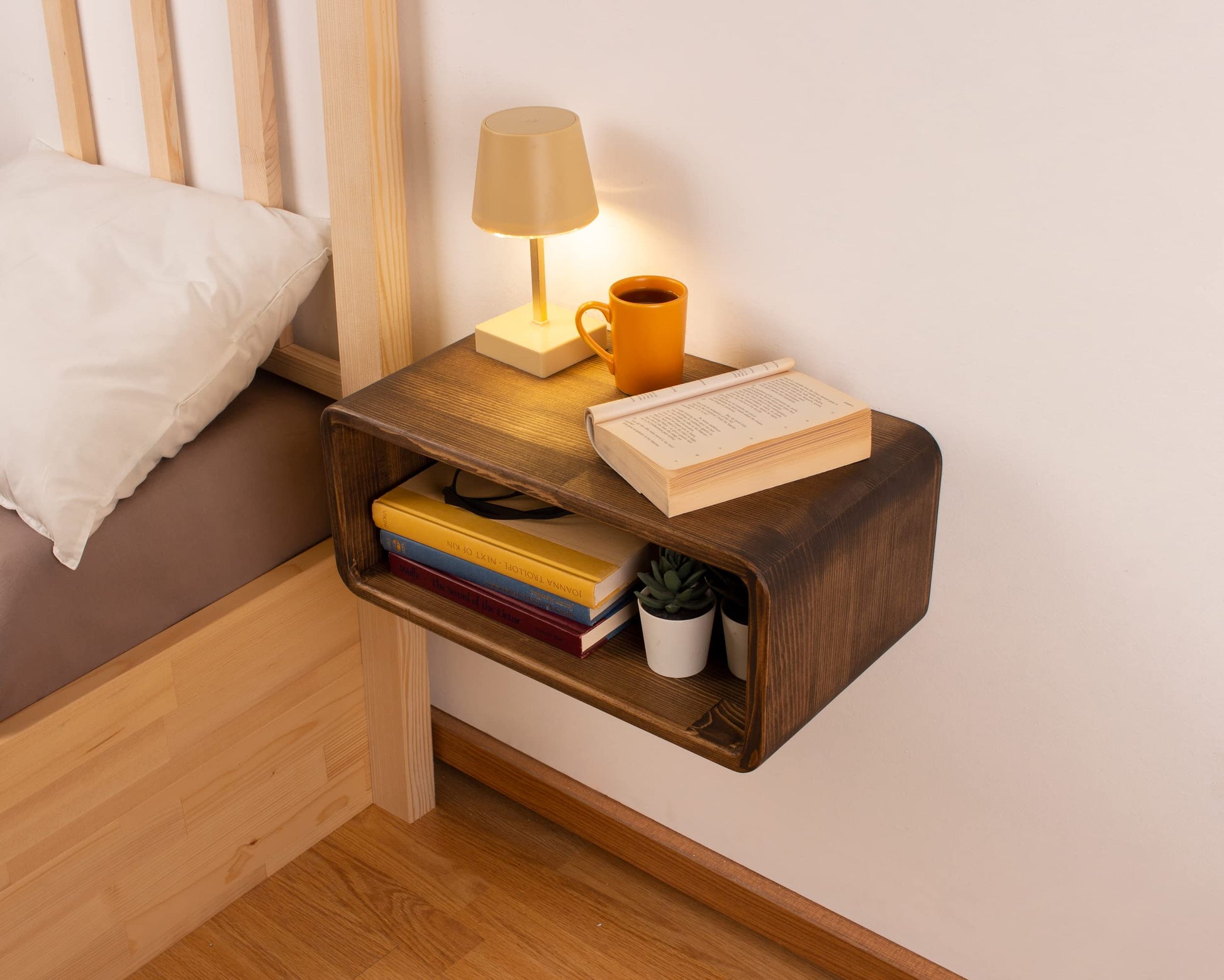 WOODCHES Floating Nightstand Wooden, Bedside Table, Nightstand Shelf, Handmade, Wall Mounted Bedside Shelf, Minimalist and Unique Style (Vancouver) - WoodArtSupply