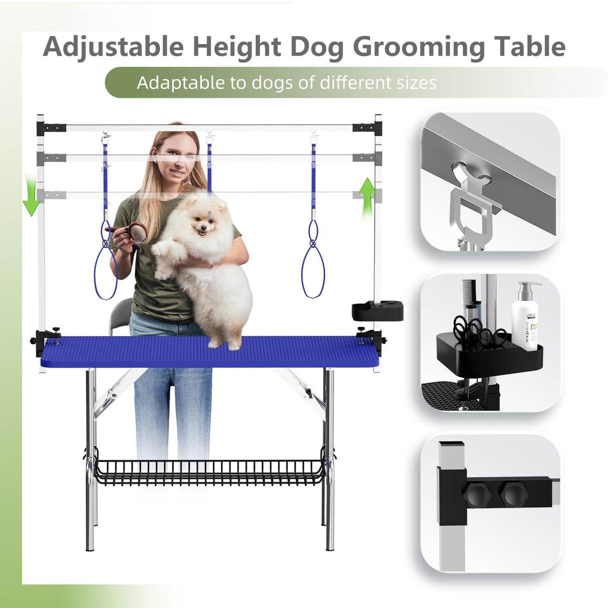 VFK 47'' Large Dog Grooming Table Stainless Steel Foldable Grooming Table for Dogs at Home Adjustable Height Arms Pet Station with Nooses, Mesh Tray, Tool Organizer VFK