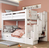MERITLINE Full Over Full Convertible Bunk Bed with Storage Stairs, Storage Shelves and Drawers,Solid Wood Detachable Bunk Bed with Bookcase and Ladder for Adults,No Box Spring Needed (White) MERITLINE