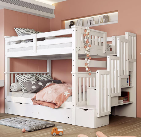 MERITLINE Full Over Full Convertible Bunk Bed with Storage Stairs, Storage Shelves and Drawers,Solid Wood Detachable Bunk Bed with Bookcase and Ladder for Adults,No Box Spring Needed (White) MERITLINE