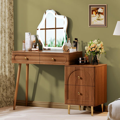Chrangmay 31.5" Brown Stylish Corner Makeup Vanity Table，with Lighted Mirror and 4 Spacious Drawers，Bedroom Essential Dressing Table with Nightstand，Modern Minimalist Writing Desk for Girls Chrangmay
