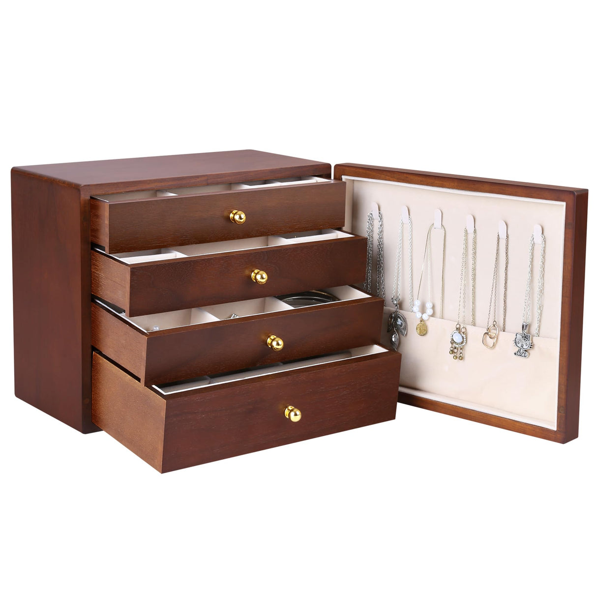 Kendal Wooden Jewelry Box for Women, Wooden Jewelry Organizer, 4-Layer Jewelry Organizer Box with Side Door, Single Door Jewelry Holder Organizer for Earrings, Necklaces, Rings Kendal