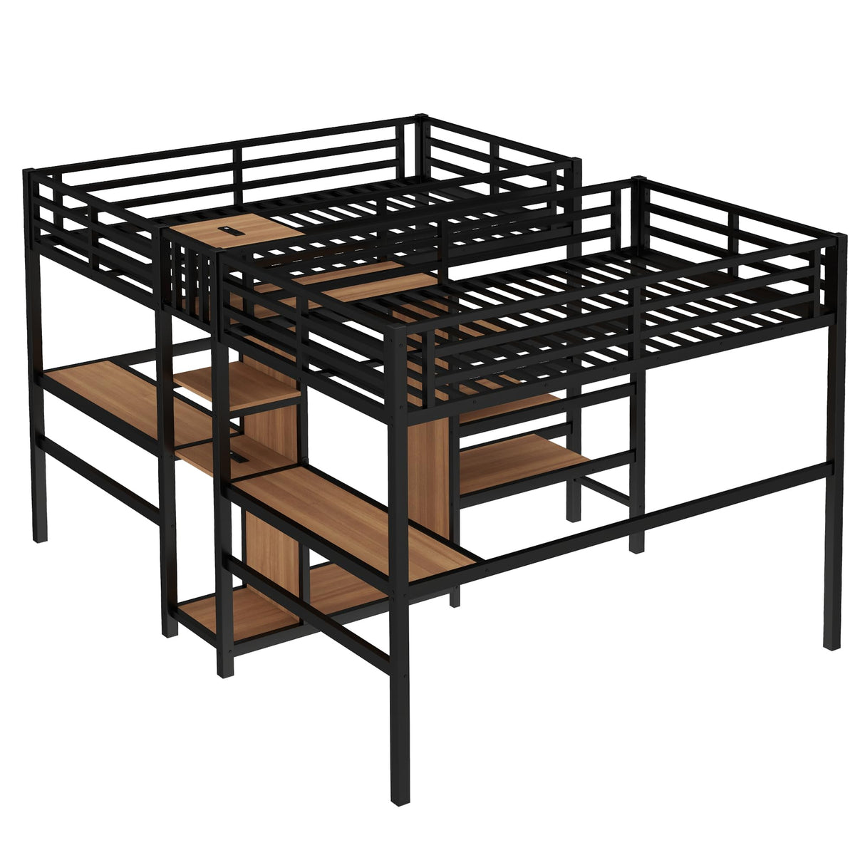 LUMISOL Loft Bed Twin Size with Desk, Metal Double Loft Bed Frame with Charging Station, Wardrobe & Storage Shelves, Noise Reduced, Black+Natural Wood LUMISOL
