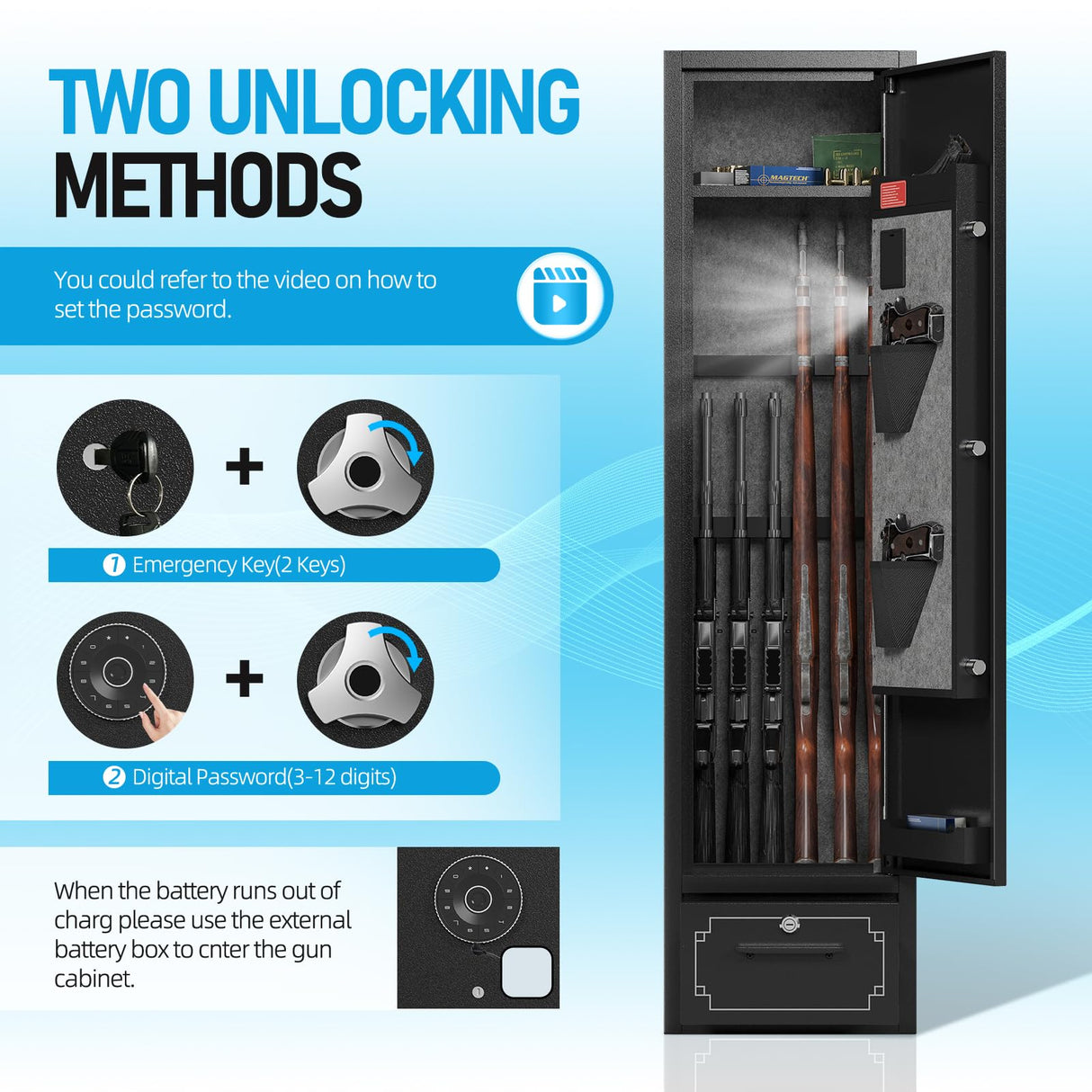 SAPITAL 6 Gun Safe,Gun Safe for Rifles and Pistols,Gun Cabinet for Rifles and Shotguns with Drawer,Electronic Rifle Safe,Gun Safes & Cabinets with LED Light, Removable Shelf and Gun Rack (6-gun safe) SAPITAL