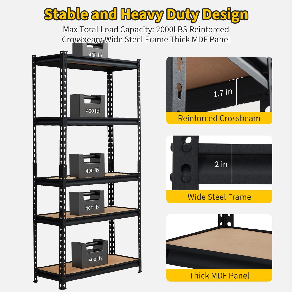 KOKEBREN Garage Shelving Heavy Duty Storage Shelves 2000Lbs Capacity, 5 Tier Adjustable Metal Shelving Unit 48" W x 18" D x 72" H, Industrial Utility Rack for Kitchen Pantry KOKEBREN