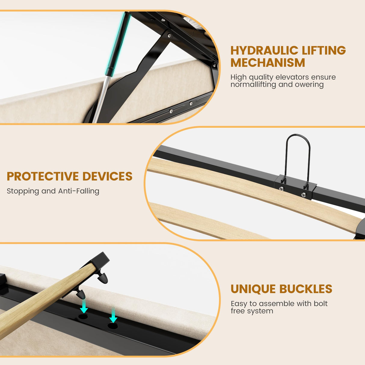 King Size Upholstered Lift Up Storage Bed Frame with 51.2" Tall Headboard, Velvet Wingback Tufted Design, Wood Slats Support, No Box Spring Required, Noise-Free Double Low Bed Frame (King,Beige) knoworld