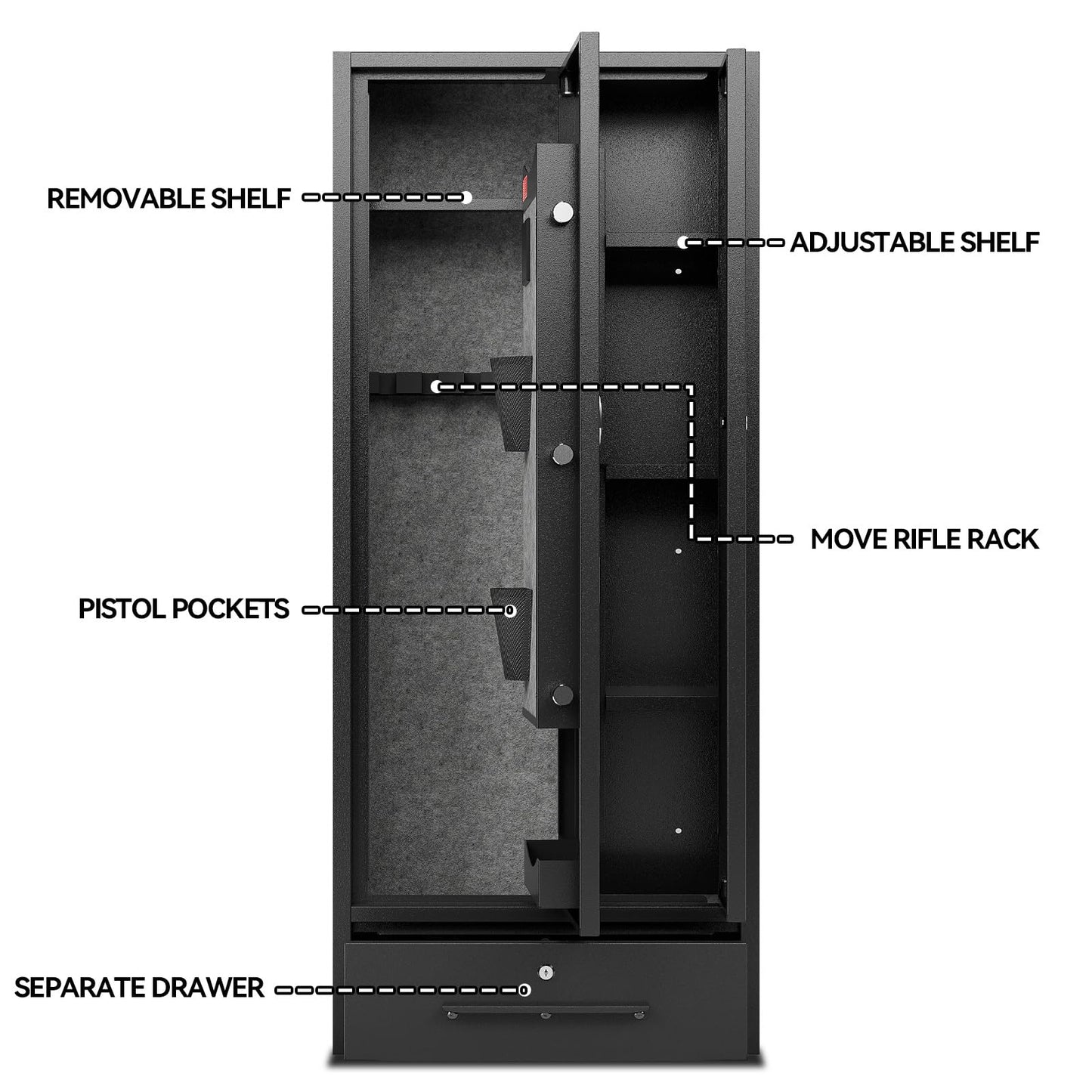 Xyvaly 5 Gun Safe, Gun Cabinet with Drawer, Gun Safe for Rifles and Pistols, Quick Access Rifle Safe, Guns safes and Metal Storage Cabinet, Gun Safes & Cabinets, Guns Safes with 2 Pistol Pouches