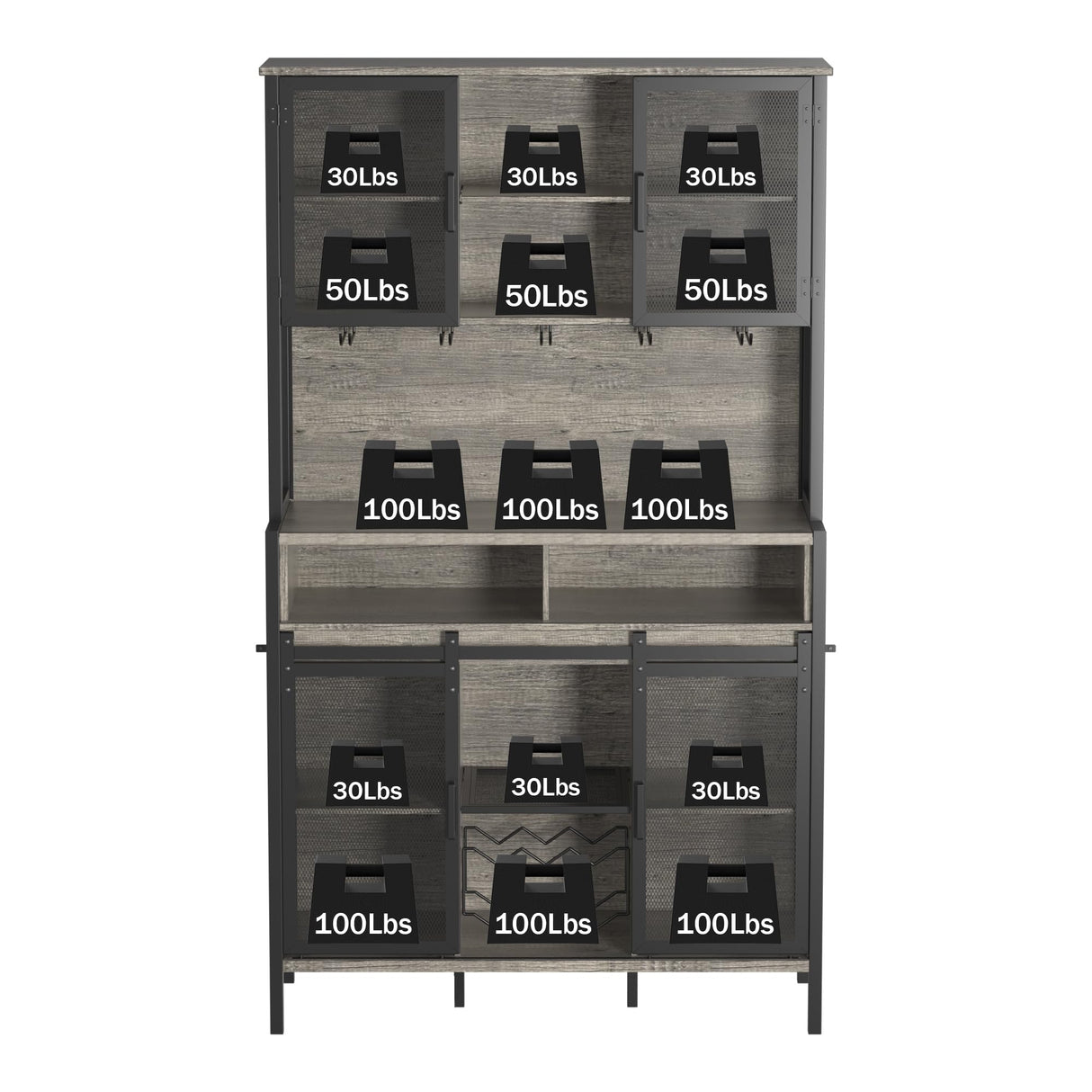 QNICE 71" Dark Rustic Oak Industrial Kitchen Hutch with Sliding Barn Door and LED Lights QNICE