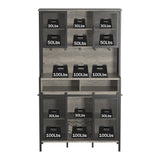 QNICE 71" Dark Rustic Oak Industrial Kitchen Hutch with Sliding Barn Door and LED Lights QNICE