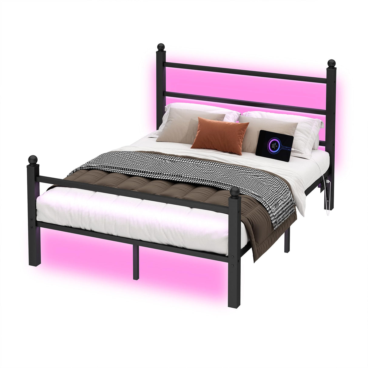 CLIBFENG Full Size Bed Frame with Headboard and Footboard,Steel Slats Support-LED Bed Frame with USB Charging Station,Mattress Foundation-Under Bed Storage, No Box Spring Needed,Noise Free,Black CLIBFENG