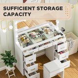 Likein Vanity Desk with Mirror and Lights, 47‘’ Glass Top Vanity with Power Strip, 9 Drawers Makeup Vanity with Lighted Mirror, White Vanity Set with Chair, 3 Lighting Modes Adjustable Brightness Likein