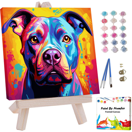 Artunion Framed Paint by Numbers Kit for Adults Beginners & Kids Ages 8-12,Colorful Pitbull Dog Paint by Number with Frame,Dog Animal Paint by Numbers Kit on Canvas 10 * 10 Inch Without Easel Artunion