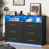VIAGDO 6 Drawer Dresser with LED Lights and Charging Station, Black Bedroom Dresser with Open Storage, Modern Wood Chest of 6 Drawers Closet Organizers Storage Cabinet for Bedroom VIAGDO