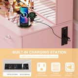 SDMY 46" Makeup Vanity with Large LED Mirror, Glass Tabletop Vanity Desk, 11 Storage Drawers, Hidden Storage Behind Mirror, Charging Station, Bedroom Vanity with Mirrored Cabinet (Pink) SDMY