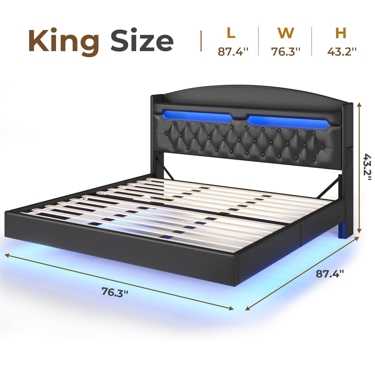 ADORNEVE King Floating Bed Frame with Hidden Storage Headboard and RGB LED Lighting ADORNEVE