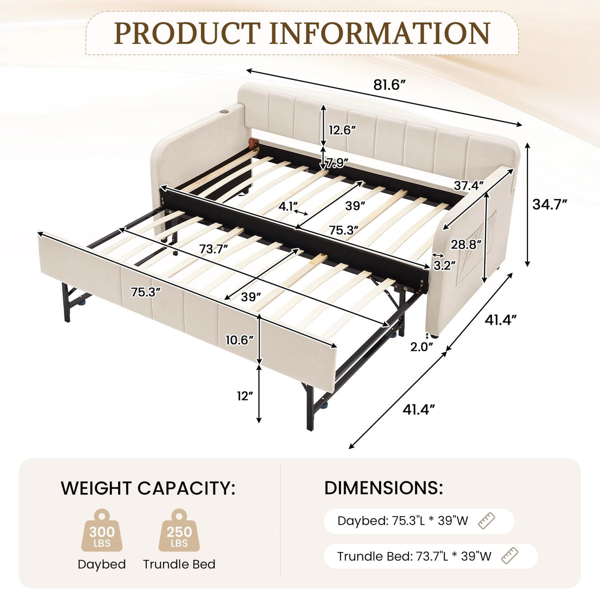 Twin Size Daybed with Pop Up Trundle Bed,Velvet Twin to King Size Day Bed Frame with USB Ports&Side Pockets,Extendable Upholstered Wooden Sofa Bed for Bedroom,Living Room,No Box Spring Needed,Beige JEEOHEY