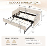 Twin Size Daybed with Pop Up Trundle Bed,Velvet Twin to King Size Day Bed Frame with USB Ports&Side Pockets,Extendable Upholstered Wooden Sofa Bed for Bedroom,Living Room,No Box Spring Needed,Beige JEEOHEY
