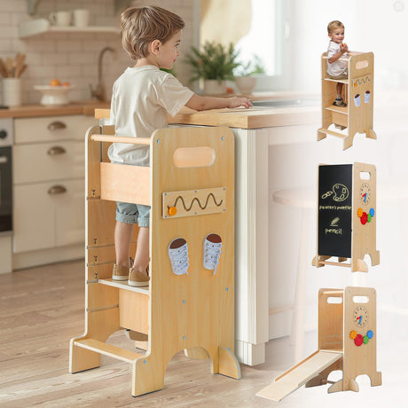 FlyingBoom Toddler Tower 4-in-1 Multifunctional Toddler Kitchen Stool Helper with Removable Safety Board, Adjustable Heights, Slide, Highchair, Chalkboard, Montessori Games FlyingBoom