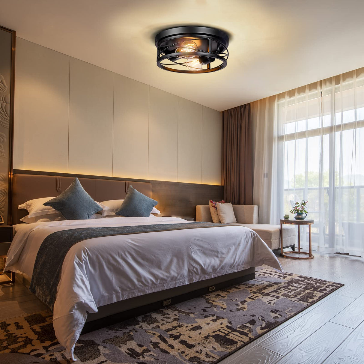 Feanron Farmhouse 2-Light Black Flush Mount Ceiling Light Fixtures, Industrial Vintage Metal Cage Closed to Ceiling Mount Lamp for Hallway Kitchen Bedroom 2 Pack, A19 LED Bulbs Included Feanron