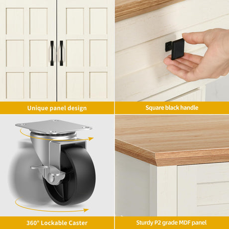 DWVO Kitchen Island with Storage Cabinet, Farmhouse Rolling Island Table on Wheels, Americana Mobile Storage Islands with Open Shelves, Drawers for Living Room, Dining Room, Off White DWVO