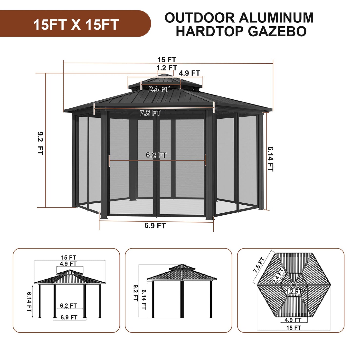 15x15Ft Hexagon Hardtop Gazebo Heavy Duty Aluminum Frame Patio Gazebo Double Roof Outdoor Pavilion with Nettings & Ceiling Hook for Patio Backyard Deck Lawns - WoodArtSupply