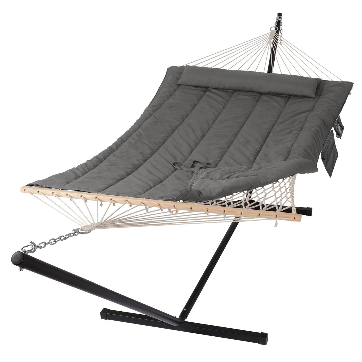 SUNCREAT Double Outdoor Hammock with Stand, Two Person Cotton Rope Hammock with Polyester Pad, Dark Gray SUNCREAT