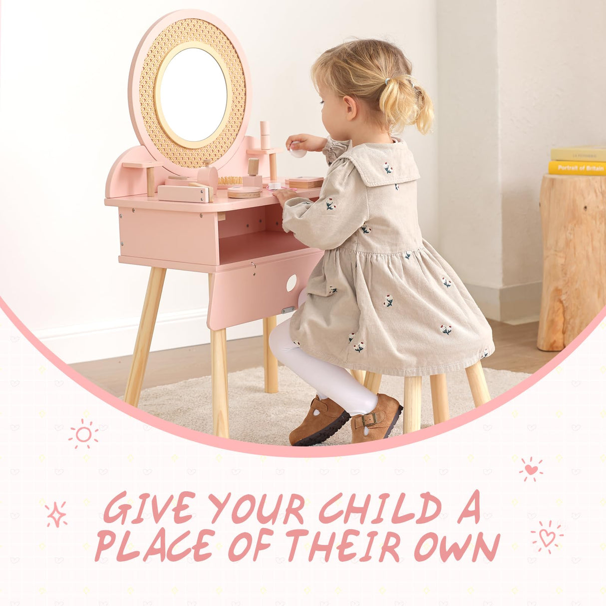OOOK Kids Vanity Table and Chair Set, Pink Girls Vanity with 11 Pcs Accessories, Enough for Real and Pretend Makeup, Toddler Vanity for 3 Year Old and Up as Ideal Gift OOOK