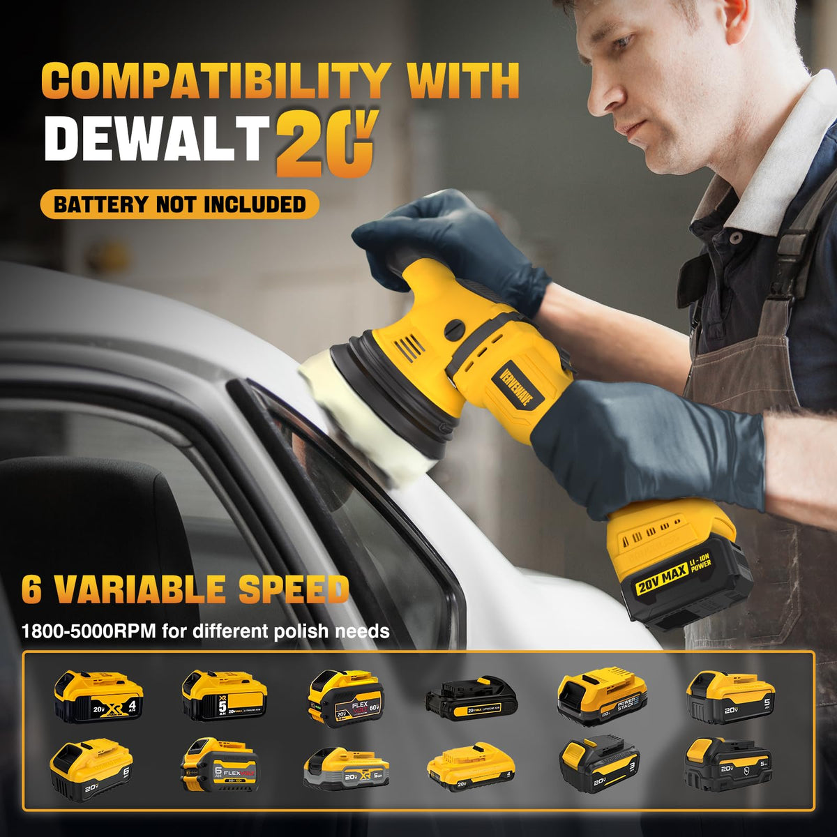 VERVEWAVE Cordless Buffer Polisher Kit for Dewalt 20V Battery (No Battery), 6-Inch Orbital Car Polisher Variable Speed 1800—5500 RPM, 17PCS Polishing Accessories, for Car Polishing/Waxing (Tool Only) VERVEWAVE