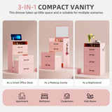 Gurexl 3 in 1 Pink Vanity Desk with Plip Top Mirror,Small Make Up Vanity Set with Visible Glass Desktop,Compact Makeup Vanity with 3 Drawers,Cushioned Tool,Dressing Table for Bedroom Gurexl