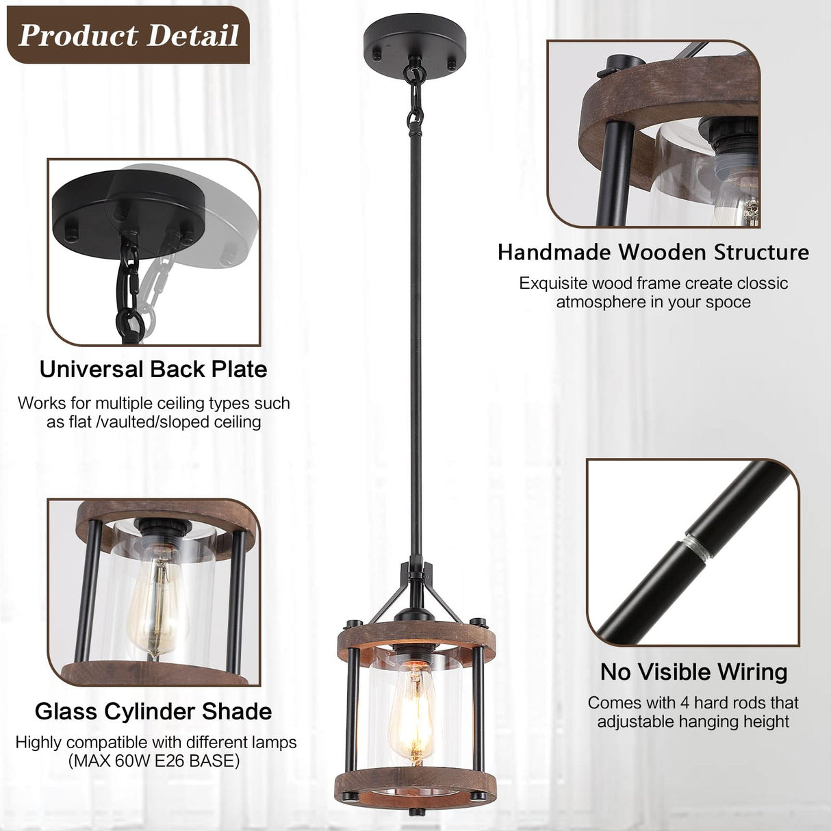 SGLfarmty Farmhouse Pendent Lights in Kitchen Island, Rustic Wood Pendant Light with Glass Shade, Bronze Entryway Pendant Lighting, Adjustable Glass Hanging Light Fixtures for Foyer, Sink, 1 Pack SGLfarmty