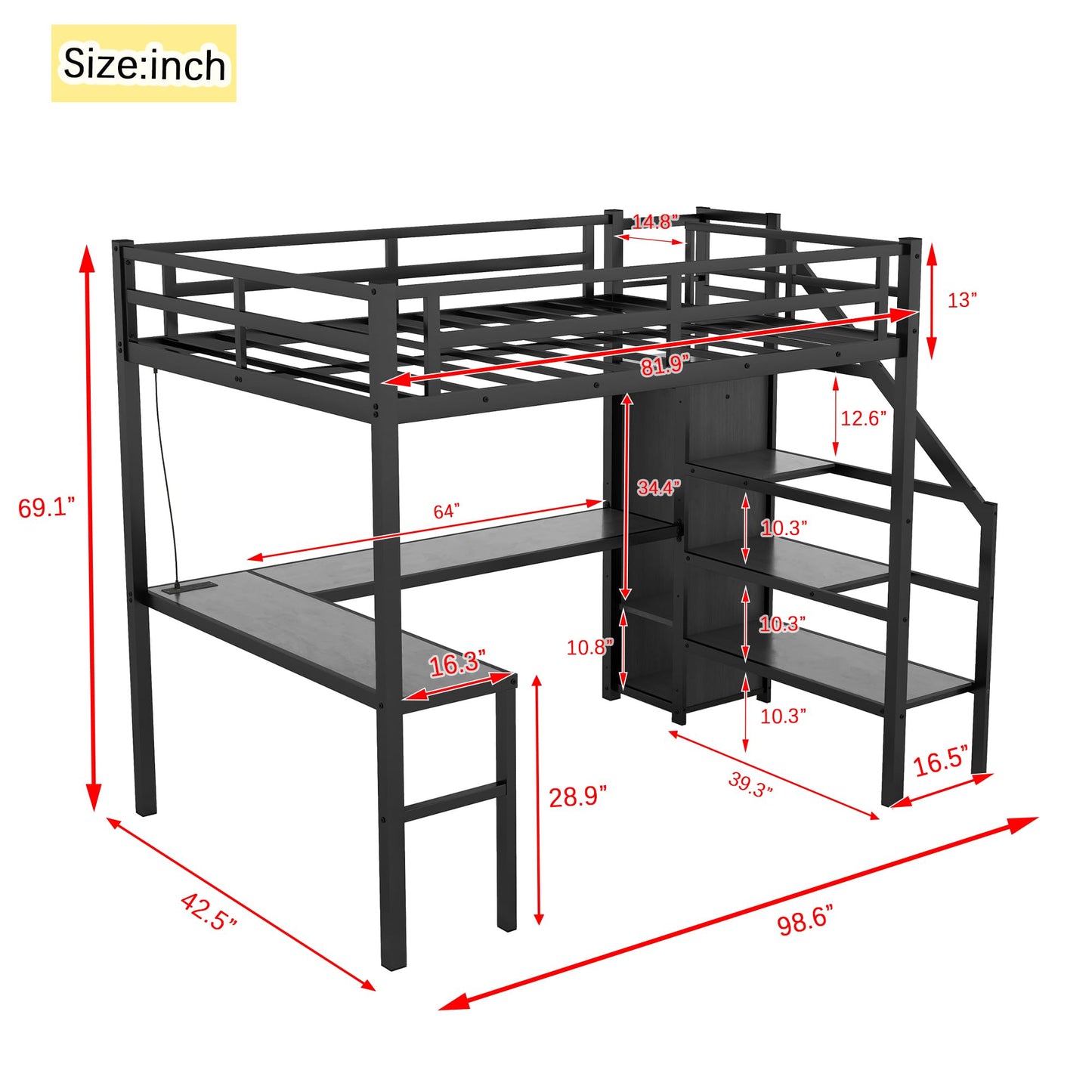 Twin XL Loft Bed with Stairs and Wardrobe, Heavy Duty Loft Bed with Desk and Storage, RGB LED Loft Bed with USB Port, Outlets and Adjustable Shelf(Black Twin XL)