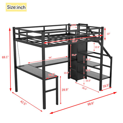 RuiSiSi Twin XL Metal Loft Bed with Wardrobe, L-shaped Desk, USB Charging, and LED Lights - Black - WoodArtSupply