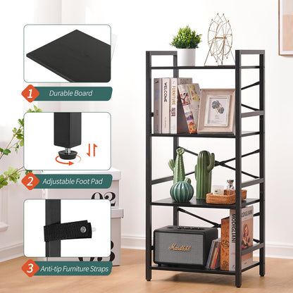 Yoobure 4 Tier Bookshelf - Small Book Shelf Industrial Bookcase, Narrow Book Case Book Storage Organizer for CD/Movie/Book, Bookshelves for Bedroom Office Living Room Black