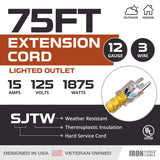Iron Forge Cable 12 Gauge Extension Cord 75 ft, 12/3 SJTW 75 Foot Heavy Duty Extension Cord Outdoor 3 Prong, Weatherproof Yellow Power Cable 15 Amp, Great for Major Appliances IRON FORGE CABLE