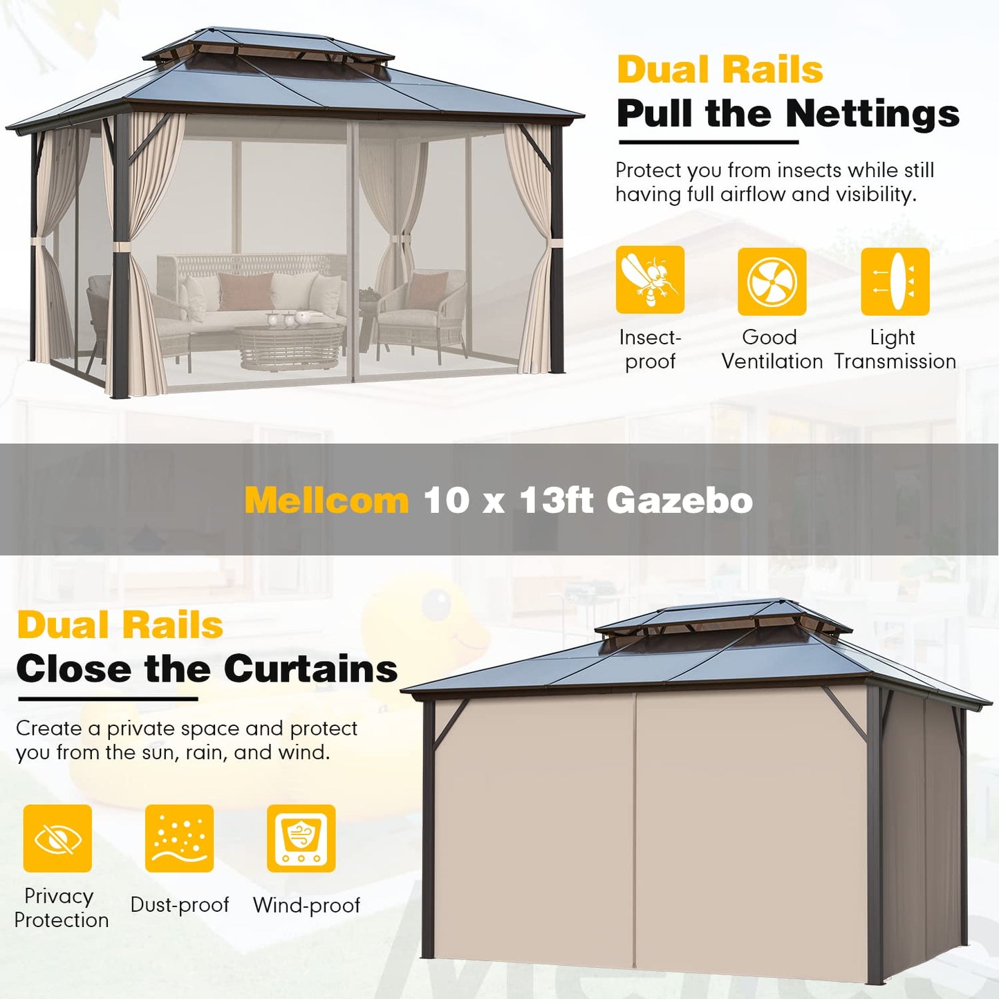 MELLCOM 10 x 13ft Hardtop Gazebo, Polycarbonate Double Roof Aluminum Gazebo, Outdoor Waterproof Canopy Gazebo with Netting and Curtains for Backyard, Deck, Patio - WoodArtSupply